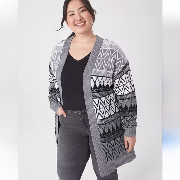 Lane Bryant Jaquard Pattern Open Sweater Long Cardigan in Black/White/Grey - Picture 1 of 11